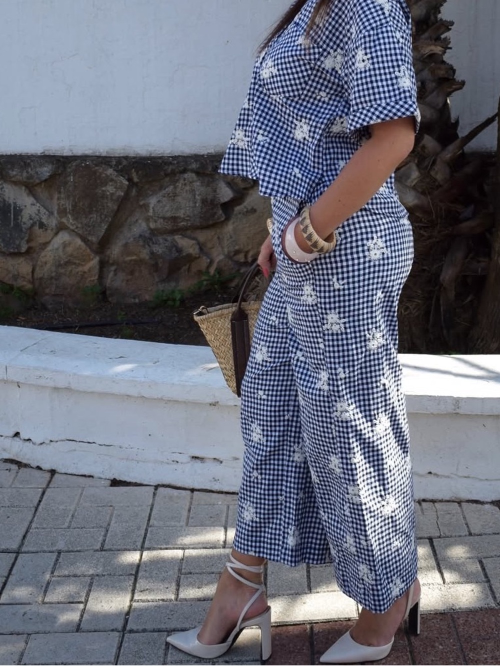 Zara Navy and White Gingham Cropped Jumpsuit with Floral Embroidery